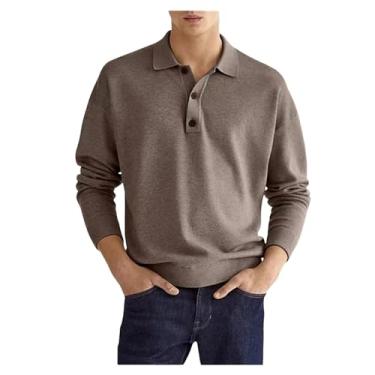 Imagem de Camisa polo masculina meia frente botões cor sólida gola larga cintura elástica, Marrom, XXG
