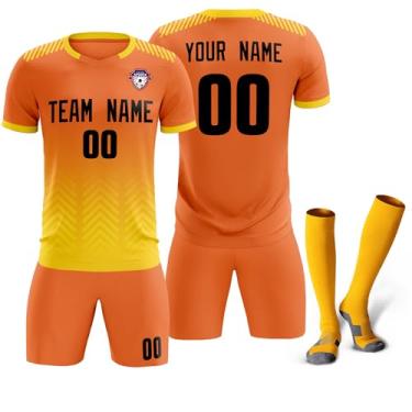 Imagem de Camiseta de futebol personalizada para homens, mulheres e crianças, camisetas e shorts de futebol personalizados com logotipo de número de nome, Laranja e amarelo-40, One Size