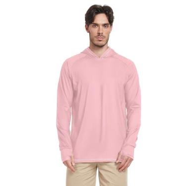Imagem de Camiseta masculina rosa claro com capuz proteção UV manga longa secagem rápida FPS 50 + camisetas masculinas Rash Guard Sun, Rosa claro, Large