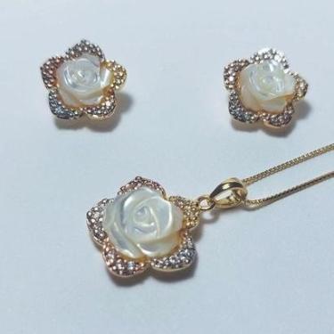 Imagem de Colar e Brinco Madreperóla 3 Ouros Dour Semijoia Lizzy Fatin-Feminino