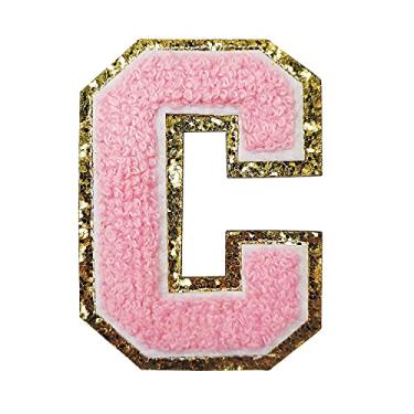 Imagem de Zogify Remendos de letras de ferro com glitter dourado e chenill rosa, 3 peças de adesivos universitários, adesivo adesivo para decoração de fantasia de equipe, 7,9 cm de altura C