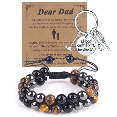 Imagem de Presentes para o pai, CAKKA Dia dos Pais Presentes de Filha Esposa Filho Crianças, Incrível Pulseira Masculina Natureza Pedra Contas Chaveiro Presentes para Papai com Caixa de Presente, Cartão de Presente Best Dad Ever para Aniversário, Natal Dia dos Namorados, olho de gato
