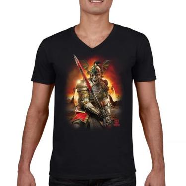 Imagem de Camiseta Apocalypse Reaper gola V Fantasia Esqueleto Cavaleiro com uma Espada Medieval Criatura Lendária Dragão Mago, Preto, M