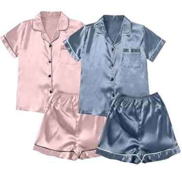 Imagem de Aniywn Conjunto de pijama feminino de cetim de seda com 2 peças, conjunto de pijama com botões e calças, conjunto de pijama macio, A2 - ouro rosa, GG