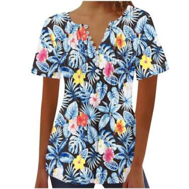 Imagem de MaMiDay Camisetas femininas com estampa floral na moda casual de verão com botões e gola V, blusas tuinc para usar com leggings, A01# Multicolorido, P