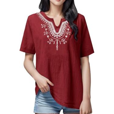 Imagem de Camiseta feminina bordada algodão linho manga curta casual gola V camiseta solta manga longa transparente, Rd2, XXG