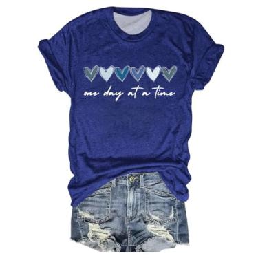 Imagem de Camisetas femininas casuais com estampa de coração de verão manga curta gola redonda túnica básica moderna blusa estampada de ajuste solto, Za-azul, XXG