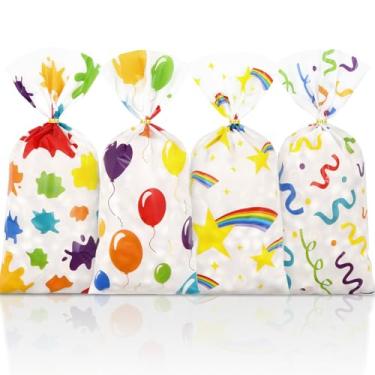 Imagem de Sacos de presente de aniversário para crianças, 50 peças de balões de arco-íris com estampa de graffiti de plástico colorido celofane doces sacolas de presente com laços torcidos para lembrancinhas de