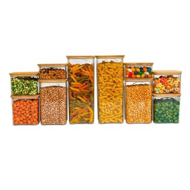 Imagem de Kit 10 potes de acrílico com tampa de bambu herméticos quadrados - Tüd