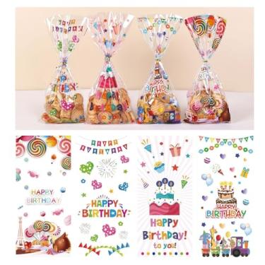Imagem de Totelux Sacos de presente de celofane de feliz aniversário, sacos de doces transparentes sacos de guloseimas de plástico com laços para biscoitos, embalagem de presente, suprimentos de festa de