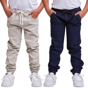 Imagem de Kit 2 Calças Jogger Infantil Punho - Daze Modas, 16, Bege, Jeans escur