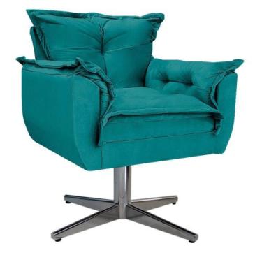 Imagem de Kit Poltrona e Puff Opala Base Giratória de Metal Suede Azul Turquesa 