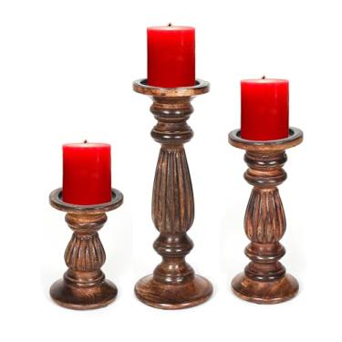 Imagem de Castiçais para velas de pilar, peça central de mesa de madeira, conjunto de 3, castiçais de madeira, suporte de vela de pilar rústico, castiçais de fazenda de 30 cm, 23 cm, 23 cm, design de melão -