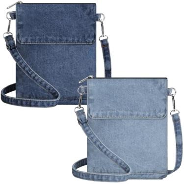 Imagem de Cosblank 2 bolsas jeans pequenas bolsas transversais bolsa de ombro jeans ajustável retrô bolsas para celular para mulheres, Azul claro e azul escuro, 5.9 x 7.87 x 1.02 inches