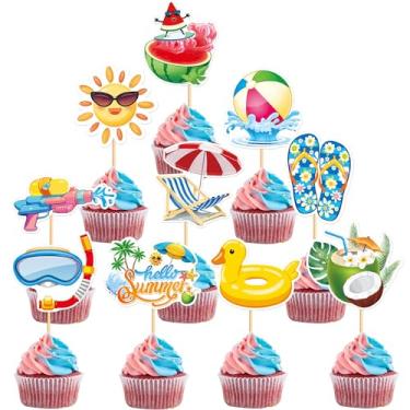 Imagem de Ercadio 30 PCS Summer Beach Cupcake Toppers Umbrella Ball Sun Diving Watermelon Goggles Water Gun Cake Picks Baby Shower Hawaii Beach Pool Theme Birthday Party Cake Decorations Supplies