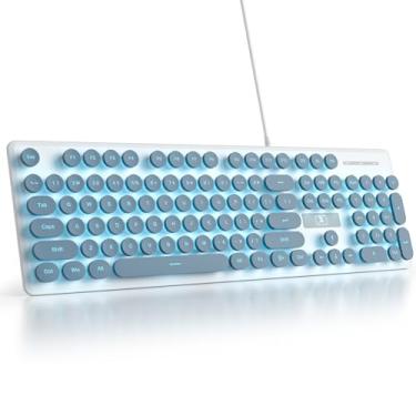 Imagem de iTastatur Teclado de máquina de escrever, 104 teclas, punk para jogos, retrô, LED, azul gelo, retroiluminado, com fio USB, adequado para PC/Win/Mac/Laptop (azul)