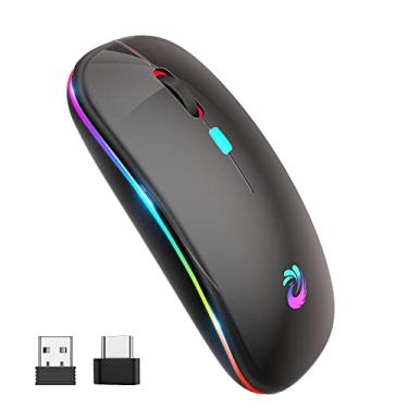 Imagem de Mouse sem fio de LED, recarregável e silencioso, mouse óptico portátil de 2,4 G, com receptor USB e adaptador tipo C, 3 DPI ajustáveis para laptop, computador, notebook, desktop (preto brilhante)