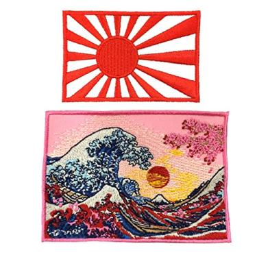 Imagem de A-ONE Pacote com 2 peças - Great Wave Off Kanagawa com Sakura + Bandeira da Marinha do Japão, adesivos Katsushika Hokusai Ukiyoe, emblemas de aplique de ferro e costurado, acessórios decorativos, emblemas DIY NO.365F