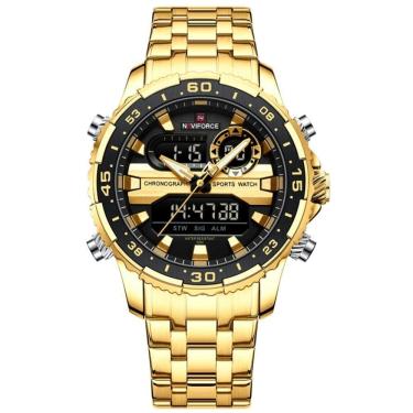 Imagem de Relógio Analógico Masculino Impermeável Pulseira De Aço Inoxidável Digital Preto Dourado