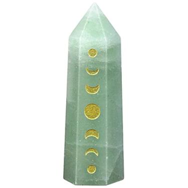 Imagem de Rockcloud Ponto de cristal gravado em fase da lua, pedra hexagonal de bolso para varinha de eclipse lunar para decoração de casa de meditação de Reiki, aventurina verde