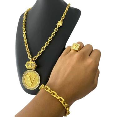 Imagem de Kit Cadeado 8mm + Anel e Pingente Letra - Banhado a Ouro 18k - ToJoia1