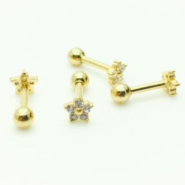 Imagem de Ouro 18K Piercing Flor Estrela Com Pedras Reto Cartilagem Tragus Orelh