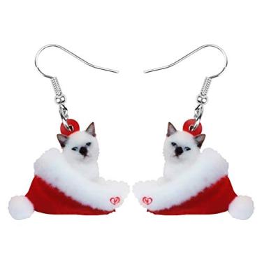 Imagem de NEWEI Brincos de Natal de acrílico para gatos com pingente de gato e pingente de animal adorável para mulheres e crianças Branco