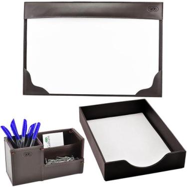 Imagem de Kit Organizador para Escritório LENZI em Couro Galvani, Café