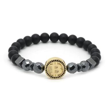 Imagem de Pulseira masculina de hematita preta fosca banhada a ouro Bitcoin pulseira blockchain pingente criptomoeda ouro sinal de sorte colecionar lembrança presente rock punk, One Size, Metal, Sem Pedra