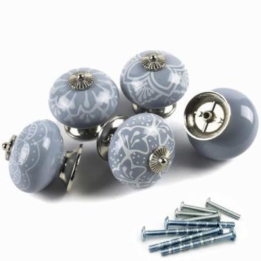 Imagem de YOUYOUULU Puxadores redondos de cerâmica - Alças de bola de porcelana grandes - 5 peças requintadas maçanetas de armário de cerâmica azul - Puxadores de gavetas de porcelana