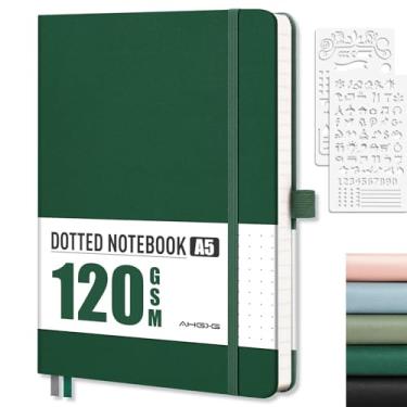 Imagem de AHGXG Caderno pontilhado - Caderno de grade de pontos, papel grosso sem ácido de 120 g/m2, caderno pontilhado A5, 160 páginas, capa dura de couro, bolso interno, estêncil de diário, 14 cm × 21 cm -