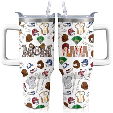 Imagem de Kearscupra Copo de beisebol Mom MaMa de 1,134 g com alça, presente de dia das mães para mulheres, copo de aço inoxidável isolado para treinador esportivo com tampa e canudos, caneca de café