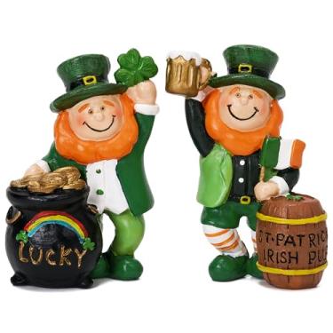 Imagem de Valery Madelyn Estatueta de jardim de duende do dia de São Patrício, decoração de casa, bandeja irlandesa de 2 quilates com trevo, mini gnomo de resina verde, decoração de presente de dia de São