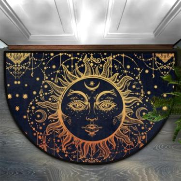 Imagem de Capacho meio redondo boêmio, tapete étnico boho face solar semi-círculo, tapetes de porta dianteira, antiderrapante meio círculo caminho de entrada tapete externo raspador de sapatos para garagem áreas de tráfego alto
