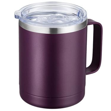 Imagem de Caneca de café com alça MEWAY, 350 ml, copo térmico de viagem de aço inoxidável com tampa deslizante, copo com isolamento a vácuo e parede dupla para bebidas quentes e frias (ameixa, 1 unidade)