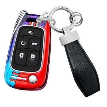 Imagem de HIBEYO Capa dobrável compatível com Buick Encore Apto para Chevy Camaro Equinox Impala Sonic Trax GMC Terrain Acessórios Metal Painted Key Shell com chaveiros de couro - 5 botões vermelhos
