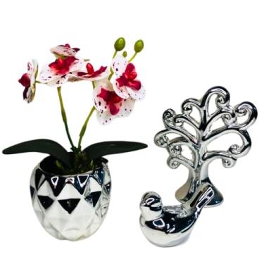 Imagem de Conjunto Decorativo cor Prata, Vaso de Orquídea + Árvore da Vida + Pássaro, 3 Peças