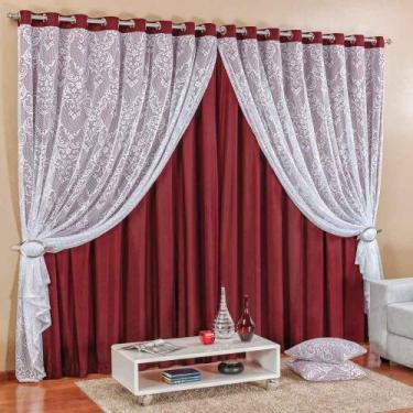 Imagem de Cortina Capri para Sala Vinho com Renda Varão Simples 3 Metros - Borda