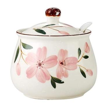 Imagem de 123Arts Açucareiro de cerâmica, pote de tempero com padrão de flores com colher de tampa, pote de açúcar