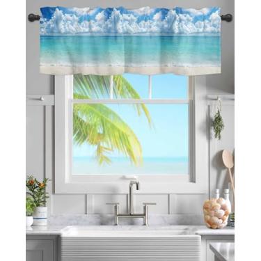 Imagem de Cortinas curtas com bolso para varão, aquarela, azul-petróleo, oceano, água, para cozinha, litoral, praia, céu, sanefa, tratamento de janela, para quarto, sala de estar, banheiro, 137 x 45 cm