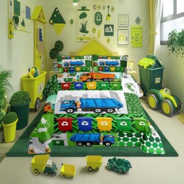 Imagem de Jogo de cama queen com desenho de caminhão de lixo, caminhão, verde e azul, para decoração de quarto, lata de lixo aquarela, patchwork, 1 edredom e 2 fronhas, decoração de quarto