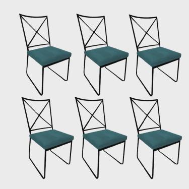 Imagem de Kit 06 Cadeiras Sala de Jantar Escritório Office Clark Industrial Ferro Preto Suede Azul Turquesa - Ahz Móveis