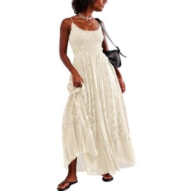 Imagem de Gacaky Vestido de verão feminino casual renda floral bordado boêmio maxi vestido rodado evasê praia vestido longo, Bege, P