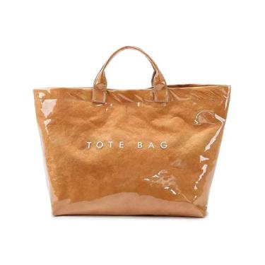 Imagem de AWUXINE Bolsa feminina de PVC grande de papel kraft, bolsa para carregar todas as bolsas, letras impressas, alça superior, bolsa Hobo, Marrom