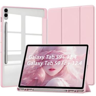 Imagem de Capa para Samsung Galaxy Tab S9 Plus e S9 FE Plus 12.4" Capinha Protetora Fina capa Traseira Transparente com Suporte para Lápis Anti-Impacto Auto Sleep Tampa Magnética - Rosa