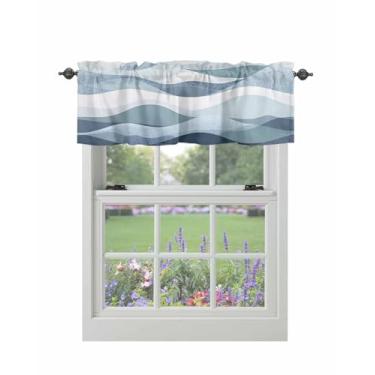 Imagem de Cortina sanfonada para janelas ombré azul azul-petróleo ondas brancas haste bolso sanefa tratamentos janela oceano cortinas curtas para cozinha janelas sala de estar quarto decoração 106,66 x 30,5 cm