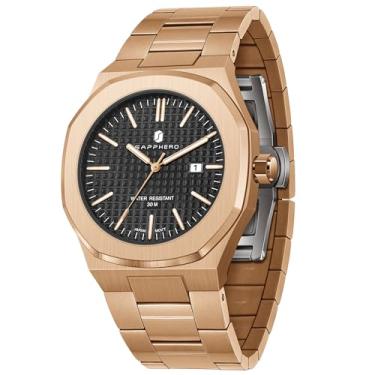 Imagem de SAPPHERO Relógios masculinos octogonal 10ATM impermeável negócios casual moda homens japonês de quartzo de aço inoxidável luminoso relógio de pulso de presente para homens, Ouro preto, pulseira