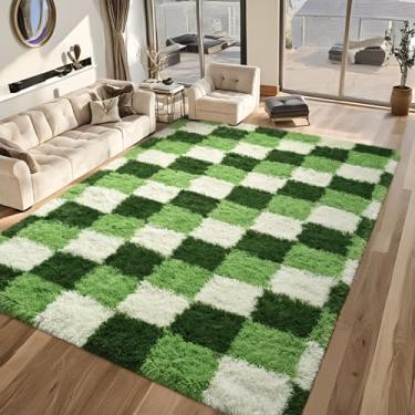 Imagem de FALARK Tapetes quadriculados 15 x 23 cm para sala de estar, tapete extra grande verde escuro branco para decoração de sala de estar, tapetes internos modernos macios e peludos, tapete alto para