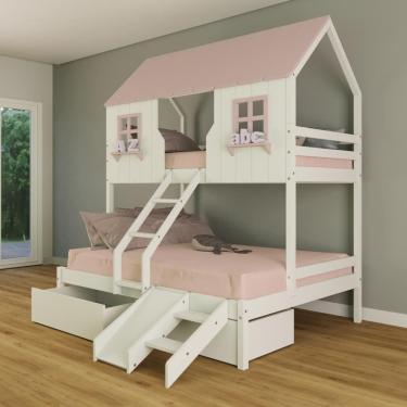 Imagem de Beliche Casal/ Solteiro Casinha Encantada com 02 Gavetas Kit Escada/ Escorregador Madeira Maciça Branco/ Rosa Housin