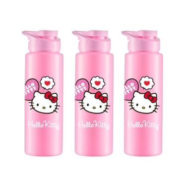 Imagem de Kit 3 Garrafa Plástica Squeeze Sport Hello Kitty Rosa Claro 750ml Cora
